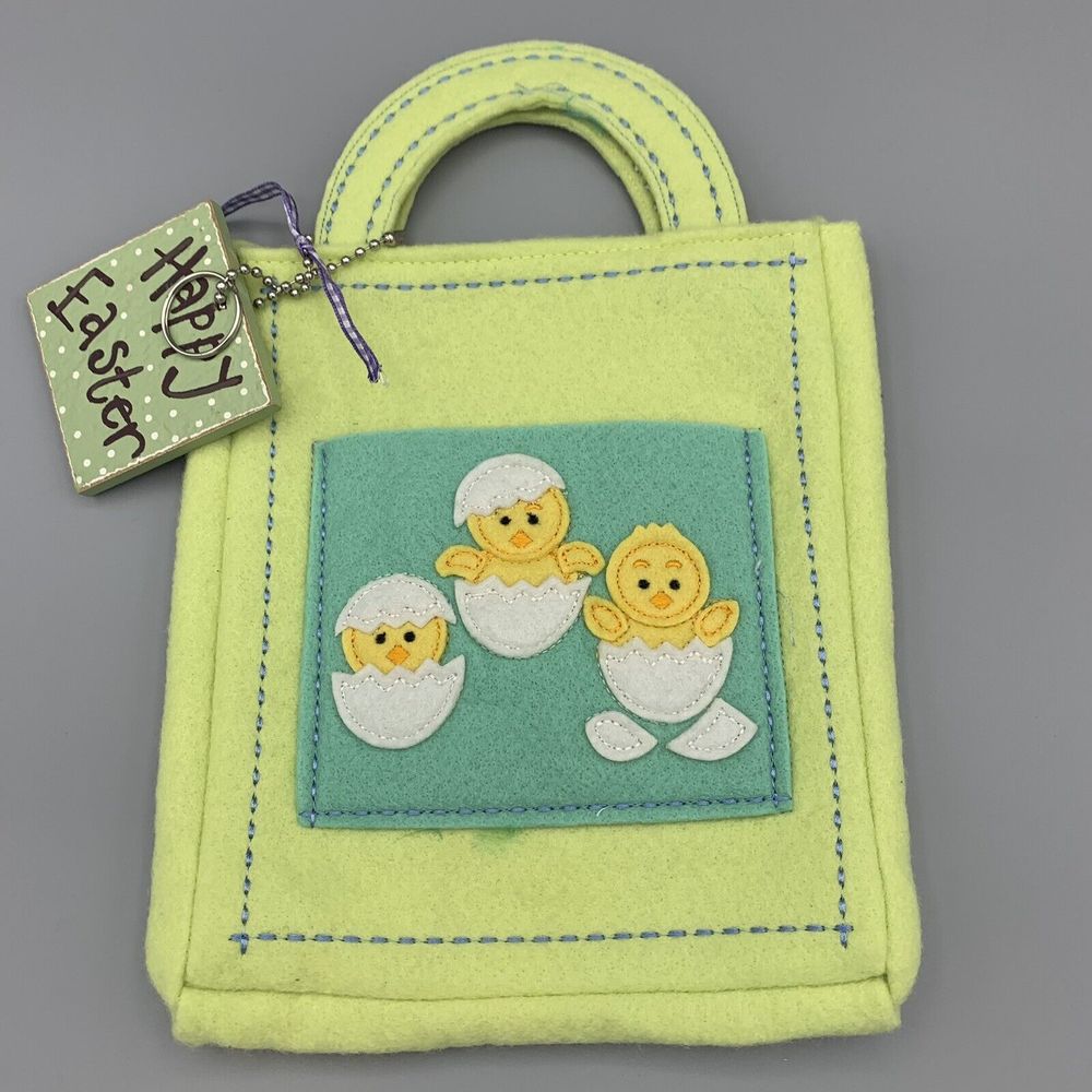 Embroidered Felt Easter Bag Tote Easter Chicks and Happy Easter Wooden Tag